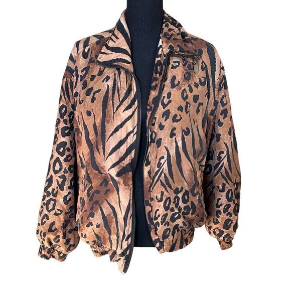 Vintage Fuda International 100% Silk Brown Leopard Tiger Print Windbreaker Jacke - Picture 1 of 8
